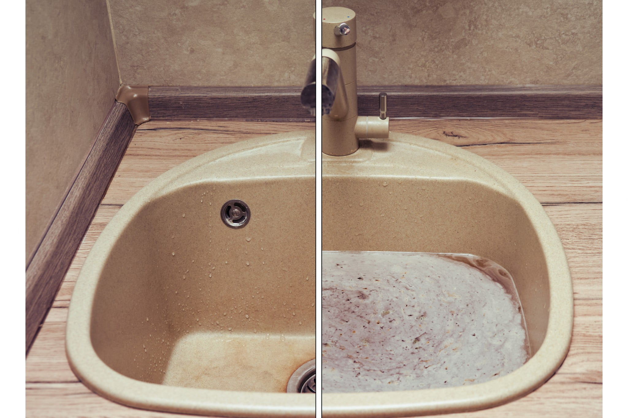 Ingrédients pour déboucher : bicarbonate, vinaigre, sel et une bouteille