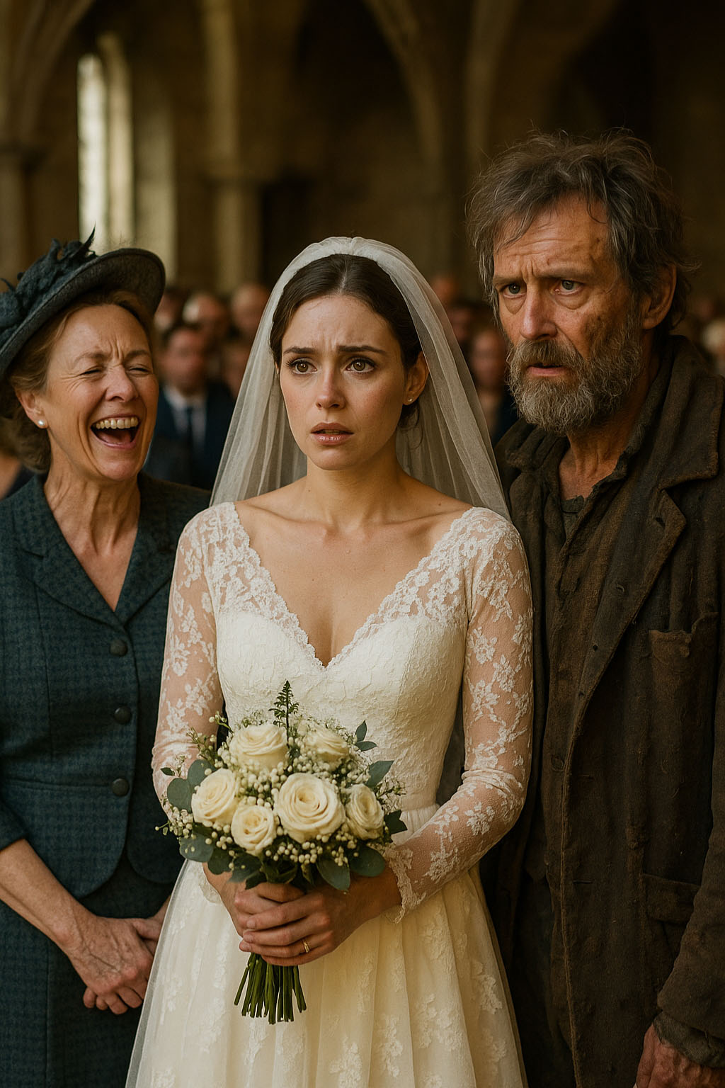 L'homme, en haillons, se tient à l'autel aux côtés de la mariée, devant un prêtre