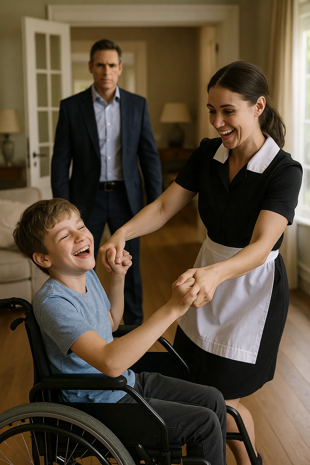 Une femme et un enfant partageant un moment de danse dans un salon