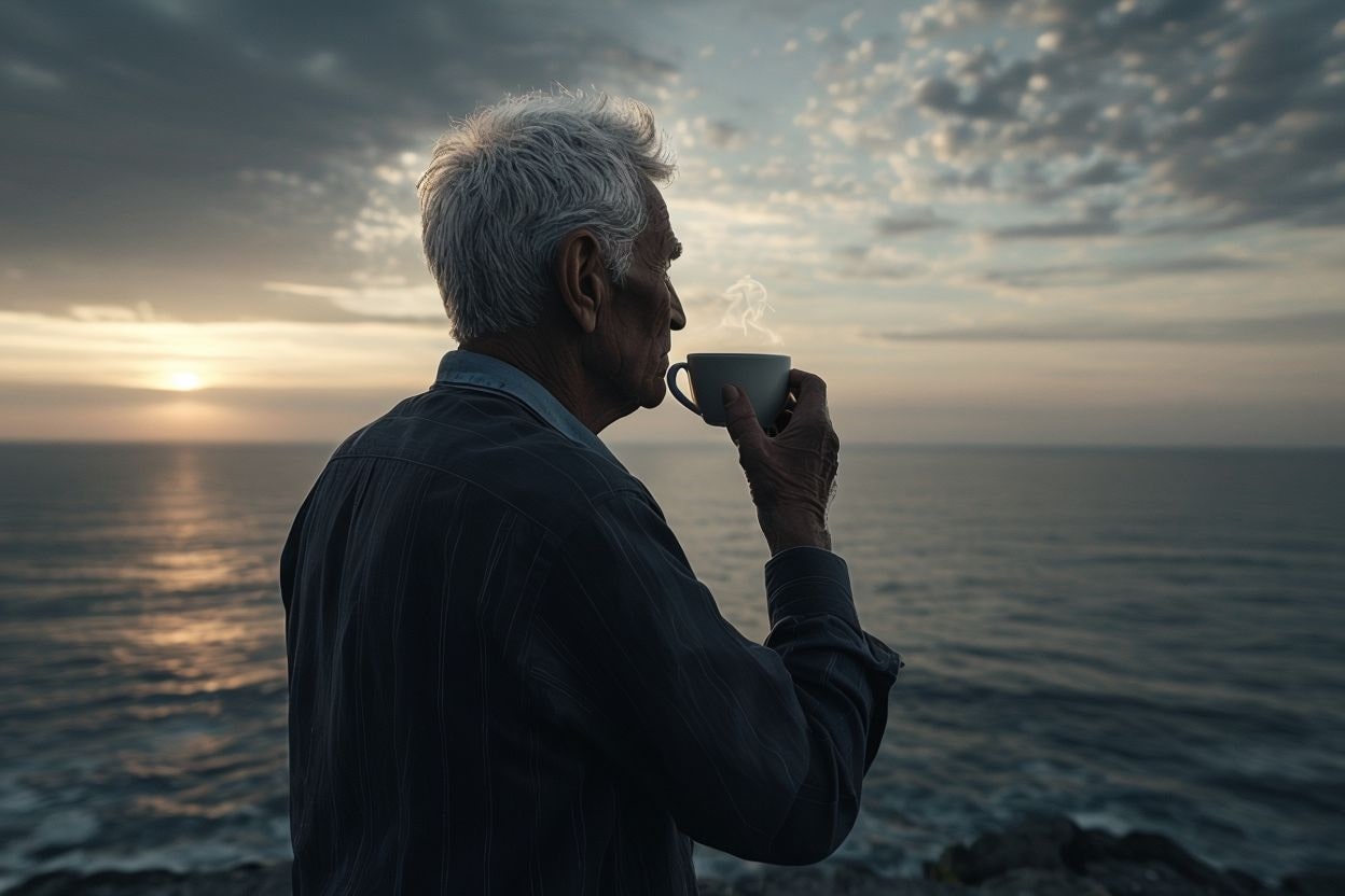 Homme d'âge mûr contemplant un coucher de soleil