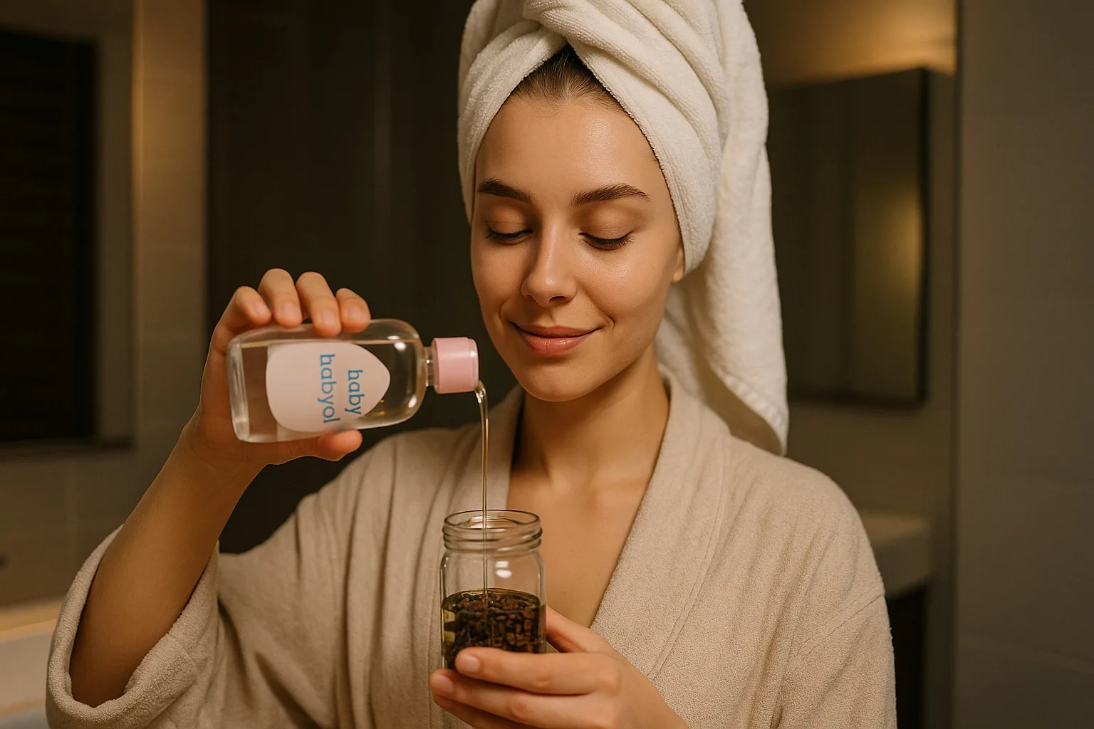 Flacon en verre contenant des clous de girofle dans une huile claire, pos&eacute; sur une table