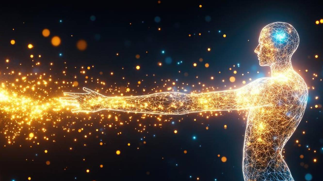 Représentation artistique d'un corps humain avec des particules de lumière s'échappant et s'éteignant