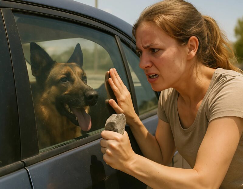 Femme secourant un chien par la vitre brisée