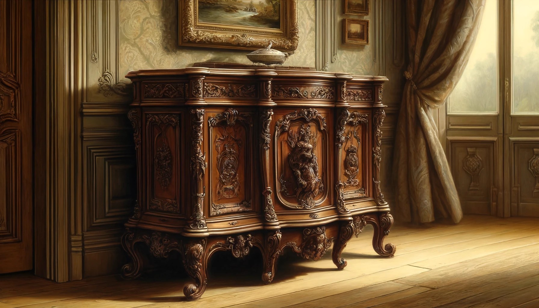 Détail d'un vieux buffet en bois avec une marque gravée