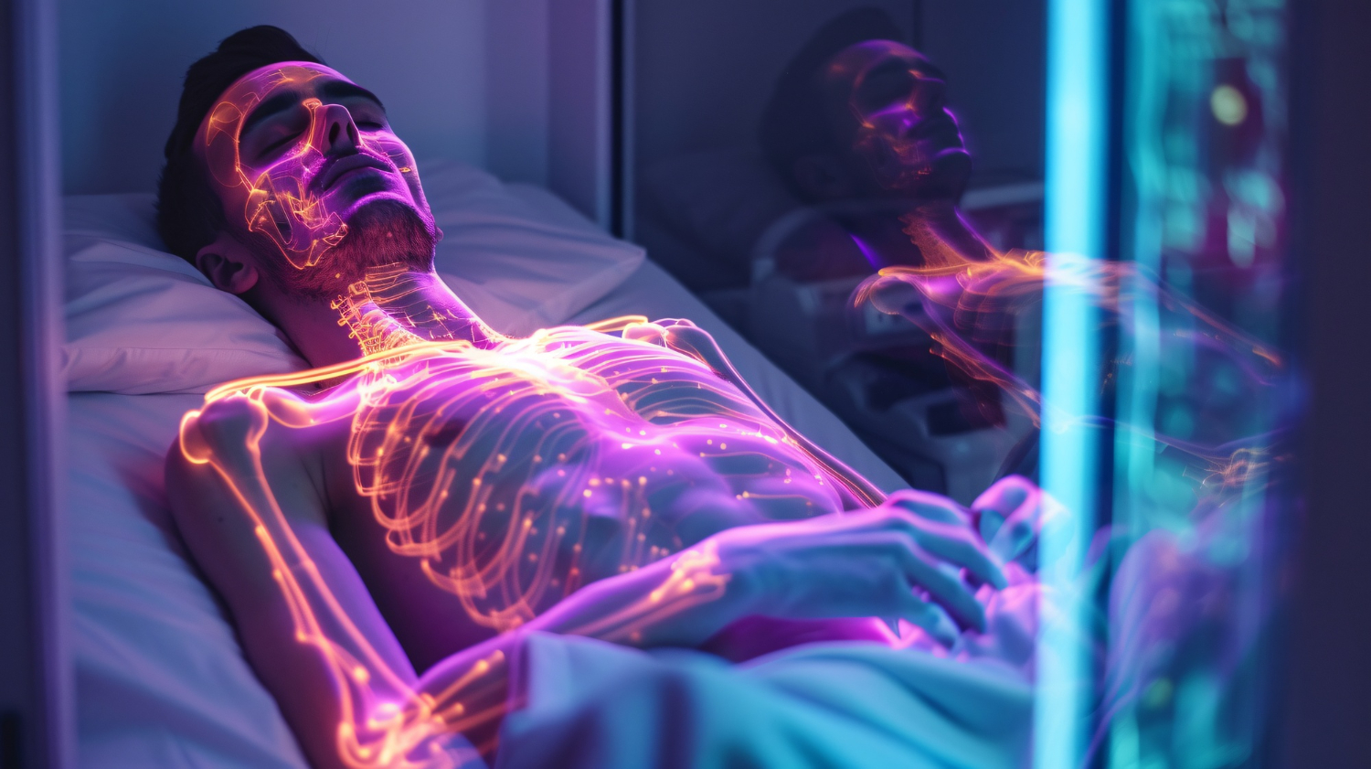 Illustration d'une silhouette humaine endormie avec des particules lumineuses s'échappant du corps