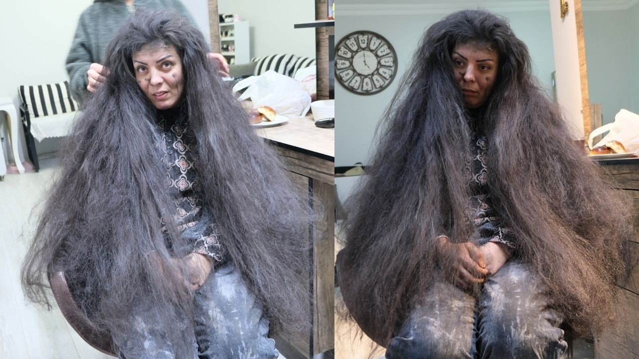 Coiffeuse en train de d&eacute;m&ecirc;ler et couper les cheveux avec soin