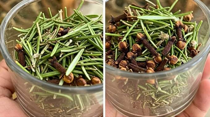 Mélange de romarin et de clous de girofle dans un bol en bois