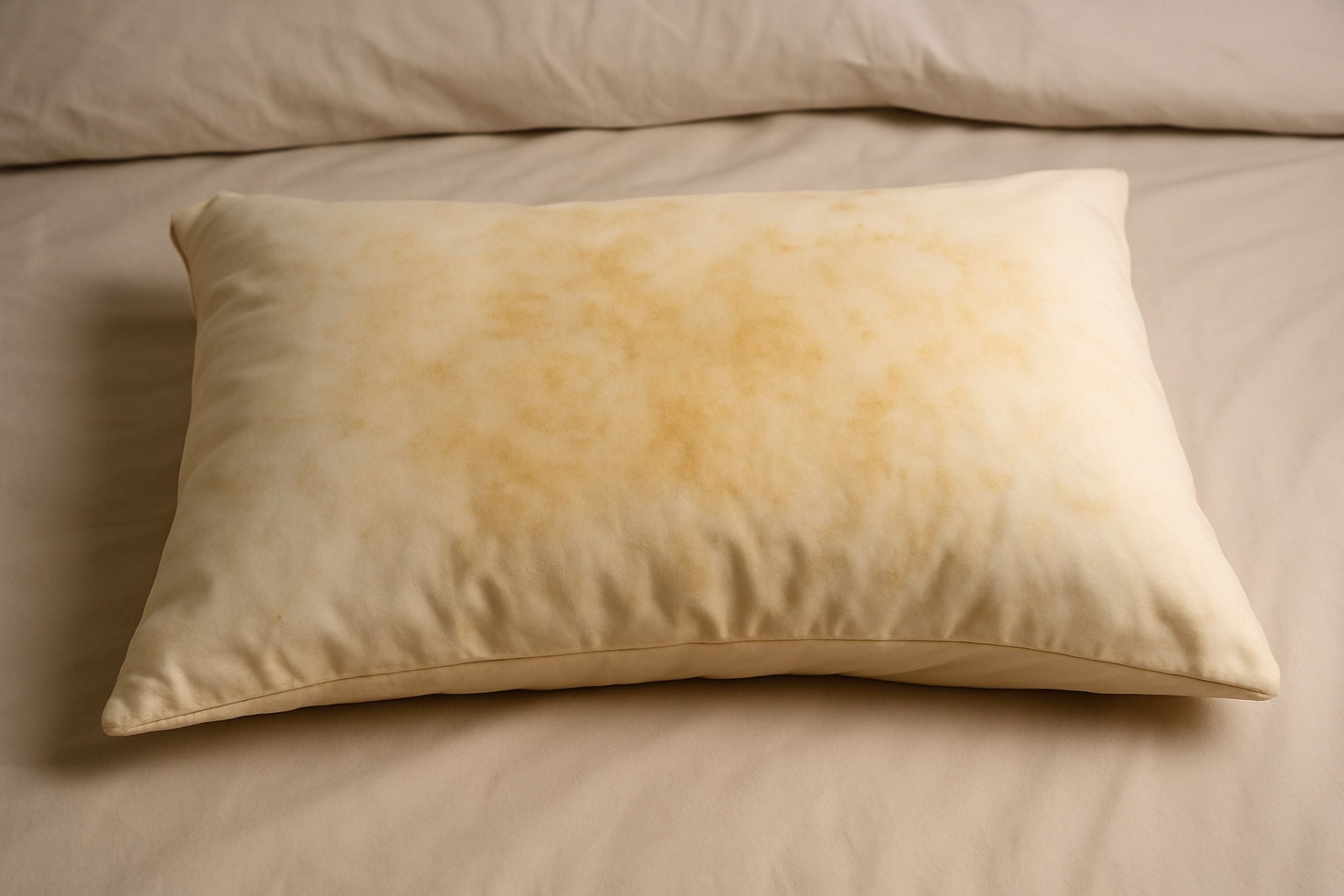 D&eacute;tail d'un oreiller en cours de traitement avec de l'eau oxyg&eacute;n&eacute;e