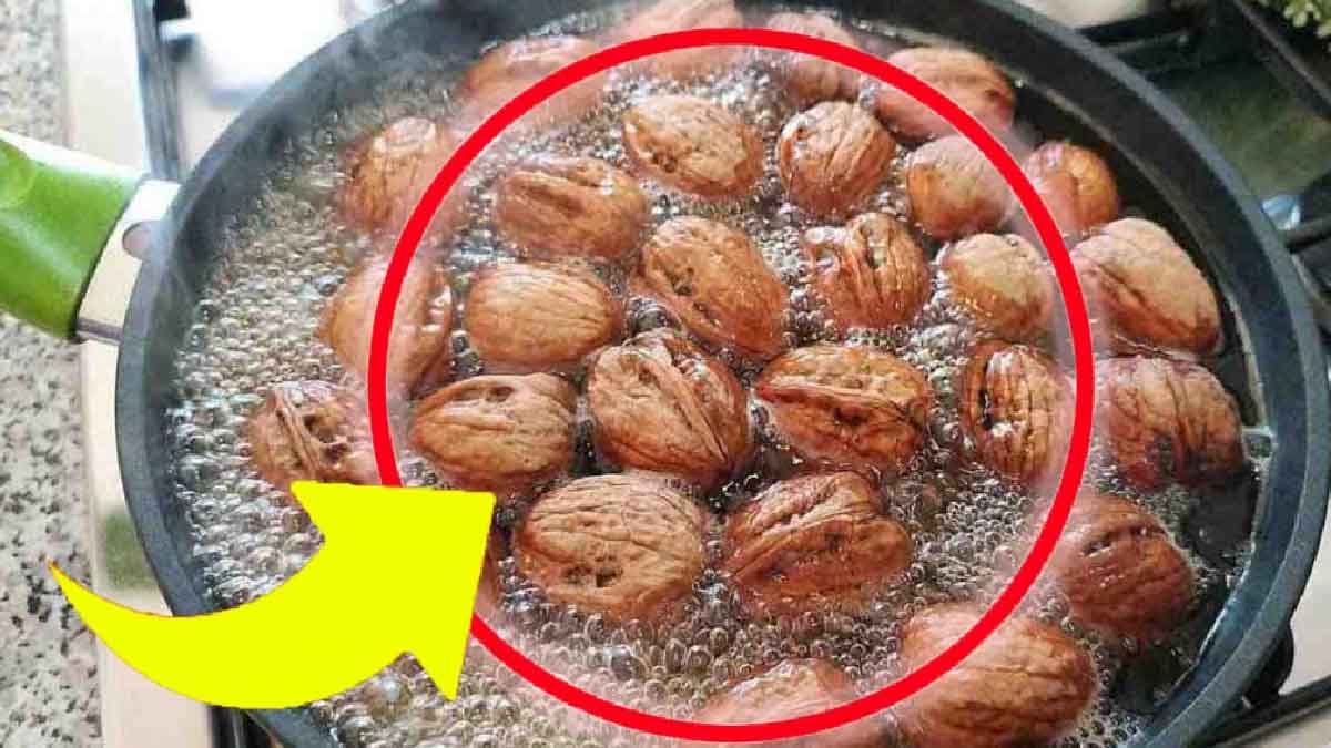 Une casserole d'eau bouillante avec des noix, illustrant l'astuce