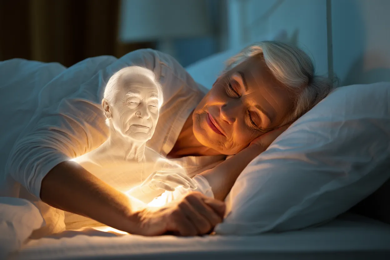 Illustration d'une personne en train de r&ecirc;ver, &eacute;voquant une rencontre onirique avec un &ecirc;tre cher disparu