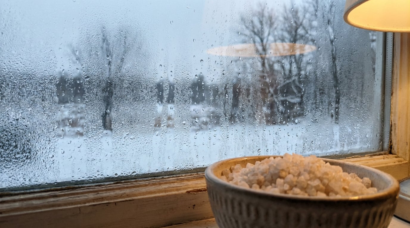 Fen&ecirc;tre avec condensation et bol de sel pour absorber l'humidit&eacute;